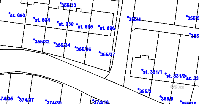 Parcela st. 355/37 v KÚ Rybitví, Katastrální mapa