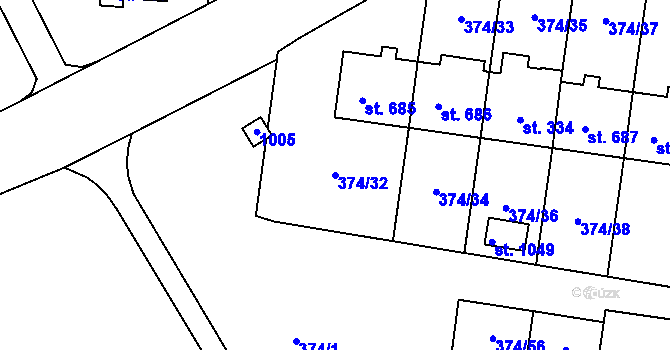 Parcela st. 374/32 v KÚ Rybitví, Katastrální mapa