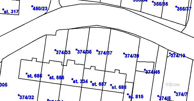 Parcela st. 374/37 v KÚ Rybitví, Katastrální mapa
