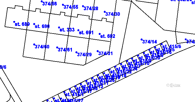 Parcela st. 374/31 v KÚ Rybitví, Katastrální mapa