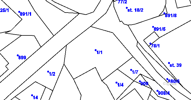 Parcela st. 1/1 v KÚ Rybníček u Habrů, Katastrální mapa