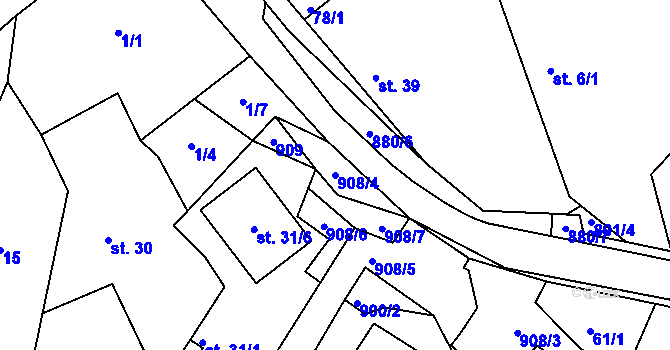 Parcela st. 908/4 v KÚ Rybníček u Habrů, Katastrální mapa
