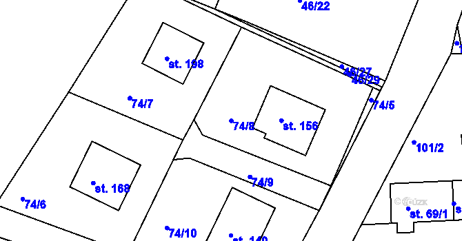 Parcela st. 74/8 v KÚ Rybníky, Katastrální mapa