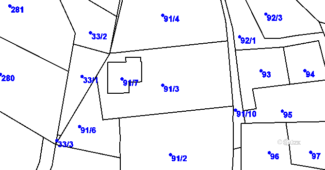 Parcela st. 91/3 v KÚ Řetouň, Katastrální mapa