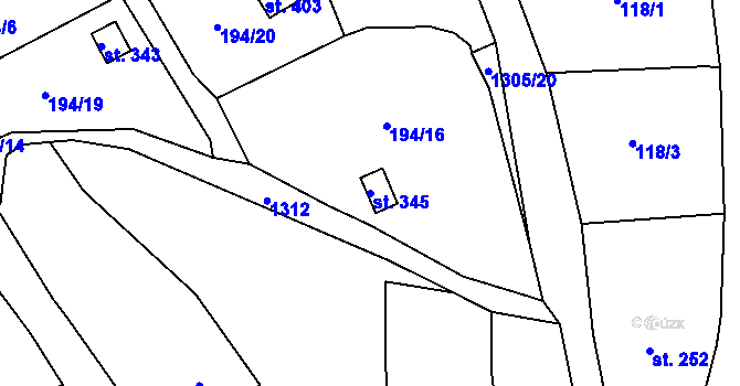 Parcela st. 345 v KÚ Pulečný, Katastrální mapa