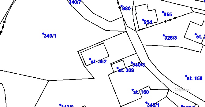 Parcela st. 340/2 v KÚ Pulečný, Katastrální mapa