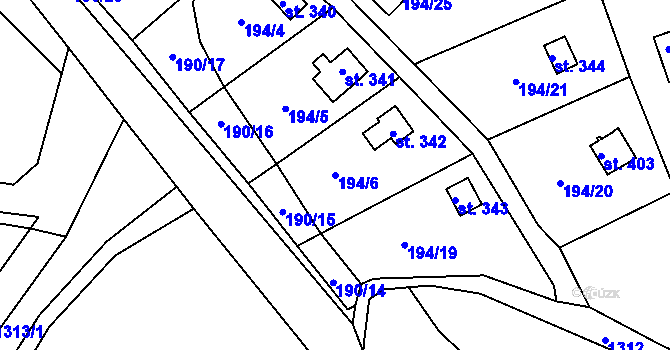 Parcela st. 194/6 v KÚ Pulečný, Katastrální mapa