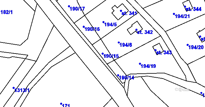 Parcela st. 190/15 v KÚ Pulečný, Katastrální mapa