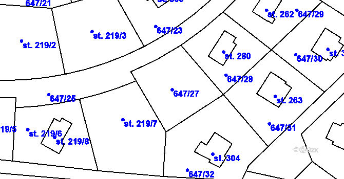 Parcela st. 647/27 v KÚ Rychtářov, Katastrální mapa