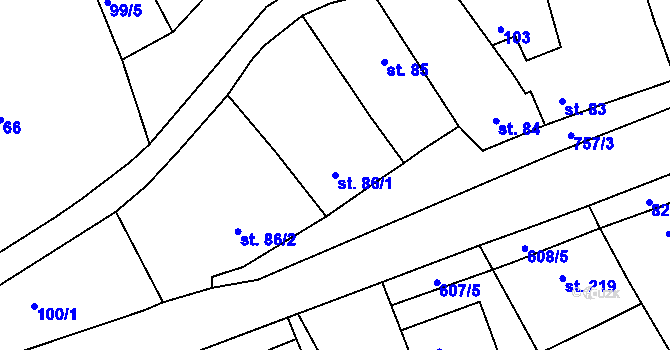 Parcela st. 86/1 v KÚ Rymice, Katastrální mapa