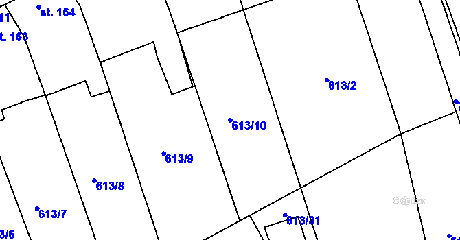 Parcela st. 613/10 v KÚ Rymice, Katastrální mapa