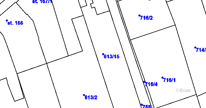 Parcela st. 613/15 v KÚ Rymice, Katastrální mapa