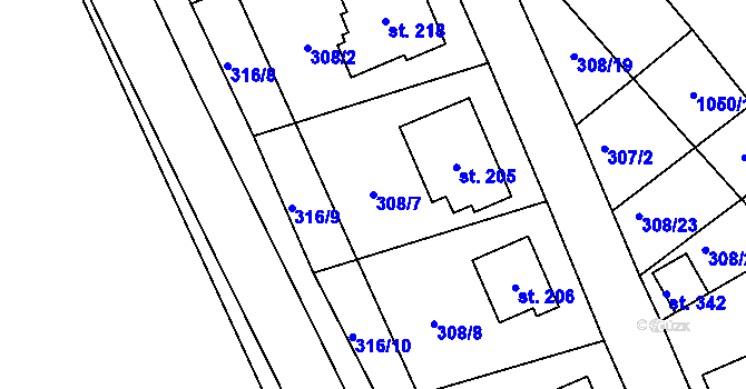 Parcela st. 308/7 v KÚ Rynárec, Katastrální mapa