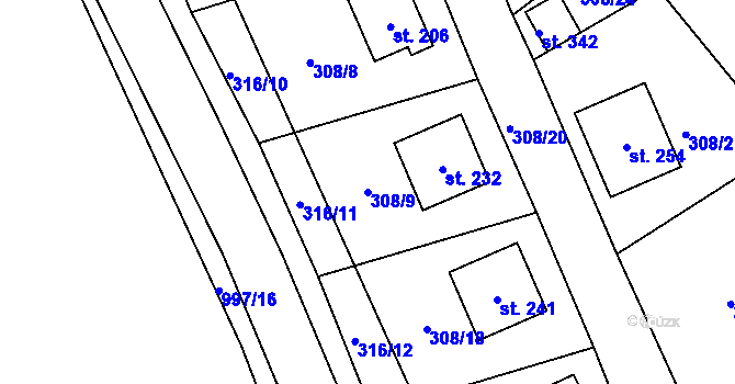 Parcela st. 308/9 v KÚ Rynárec, Katastrální mapa