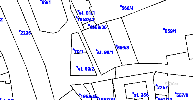 Parcela st. 90/1 v KÚ Rynoltice, Katastrální mapa