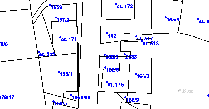 Parcela st. 166/5 v KÚ Rynoltice, Katastrální mapa