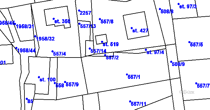 Parcela st. 557/2 v KÚ Rynoltice, Katastrální mapa