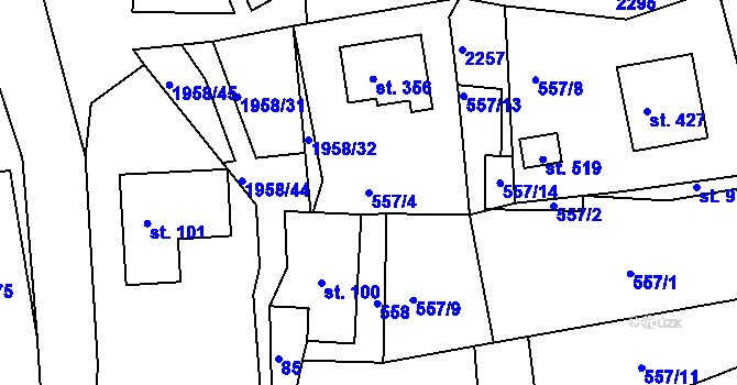 Parcela st. 557/4 v KÚ Rynoltice, Katastrální mapa