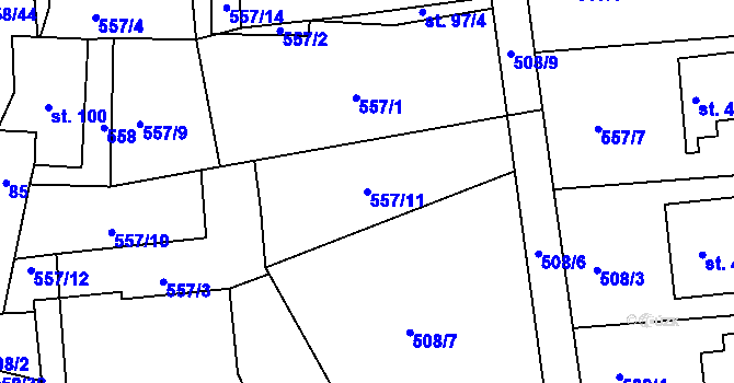 Parcela st. 557/11 v KÚ Rynoltice, Katastrální mapa