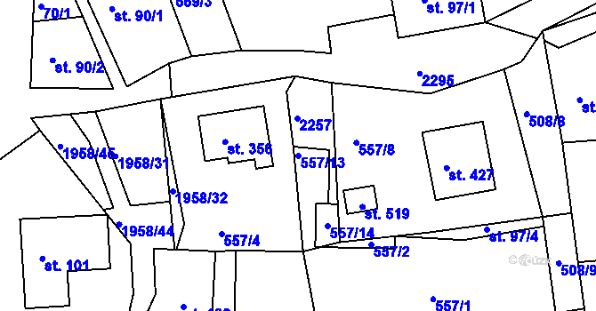 Parcela st. 557/13 v KÚ Rynoltice, Katastrální mapa