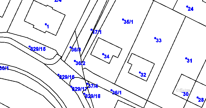 Parcela st. 34 v KÚ Hážovice, Katastrální mapa