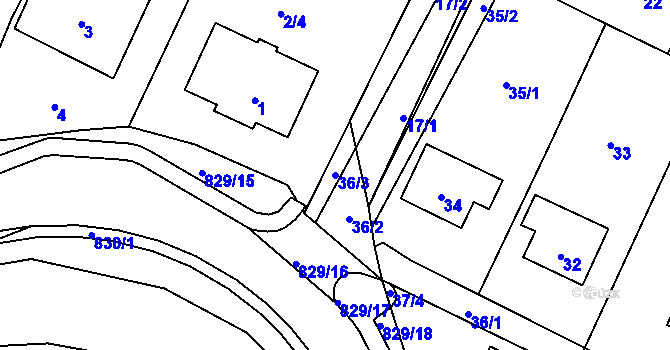 Parcela st. 36/3 v KÚ Hážovice, Katastrální mapa