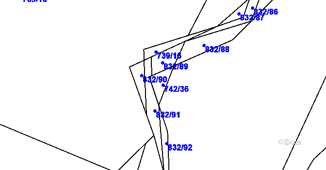 Parcela st. 742/36 v KÚ Hážovice, Katastrální mapa