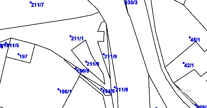 Parcela st. 211/9 v KÚ Hážovice, Katastrální mapa