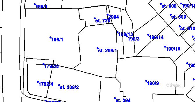 Parcela st. 209/1 v KÚ Ryžoviště, Katastrální mapa