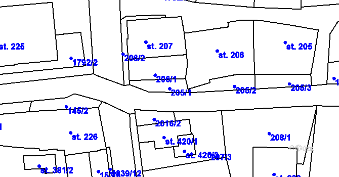 Parcela st. 205/1 v KÚ Ryžoviště, Katastrální mapa
