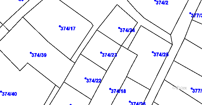 Parcela st. 374/23 v KÚ Ryžoviště, Katastrální mapa