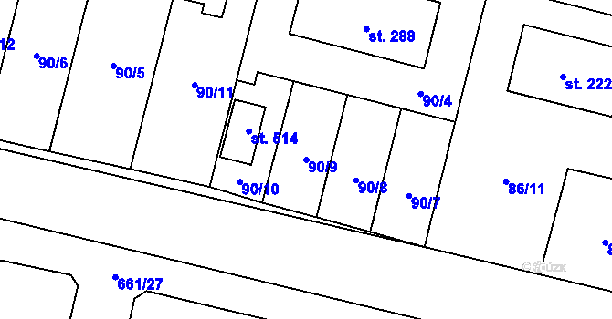Parcela st. 90/9 v KÚ Řečany nad Labem, Katastrální mapa