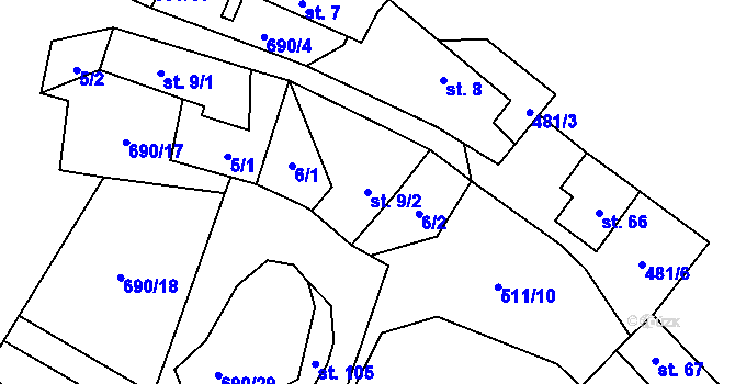 Parcela st. 9/2 v KÚ Řečice u Humpolce, Katastrální mapa