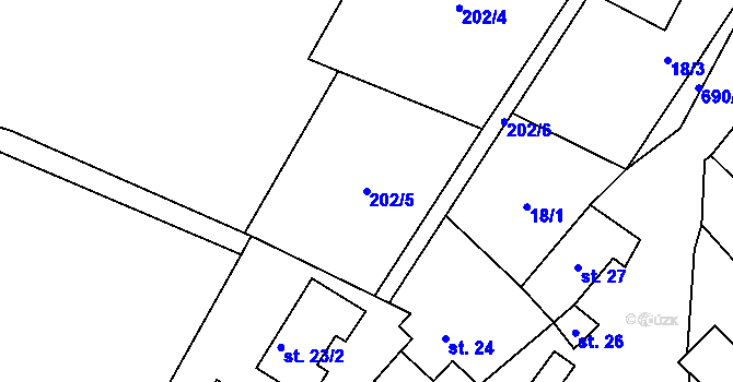 Parcela st. 202/5 v KÚ Řečice u Humpolce, Katastrální mapa