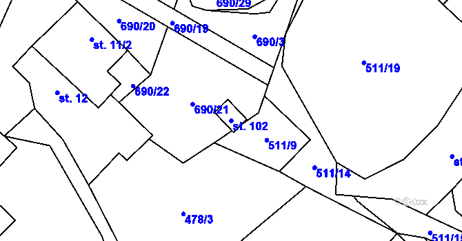 Parcela st. 102 v KÚ Řečice u Humpolce, Katastrální mapa