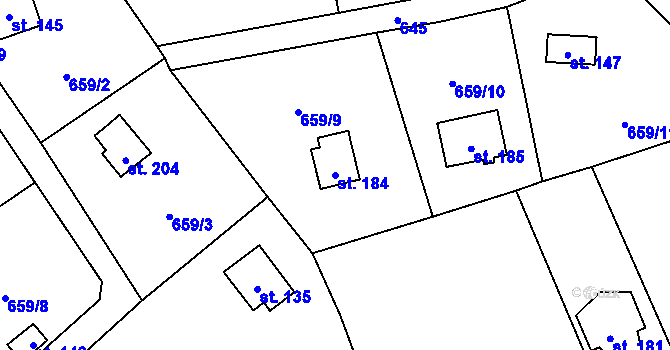 Parcela st. 184 v KÚ Malešín, Katastrální mapa