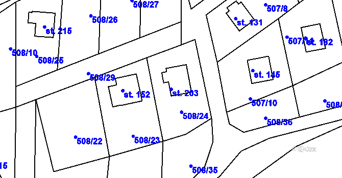 Parcela st. 203 v KÚ Řenče, Katastrální mapa