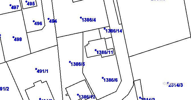 Parcela st. 1386/11 v KÚ Řeporyje, Katastrální mapa