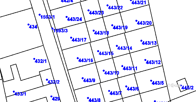 Parcela st. 443/15 v KÚ Řeporyje, Katastrální mapa