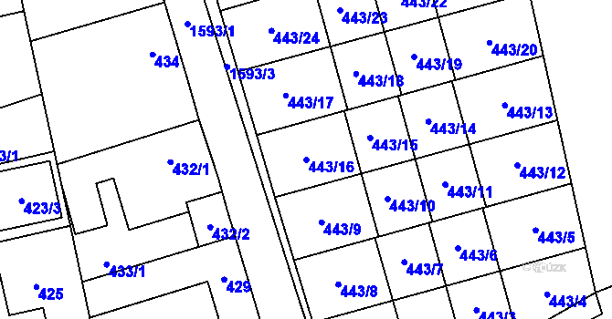 Parcela st. 443/16 v KÚ Řeporyje, Katastrální mapa