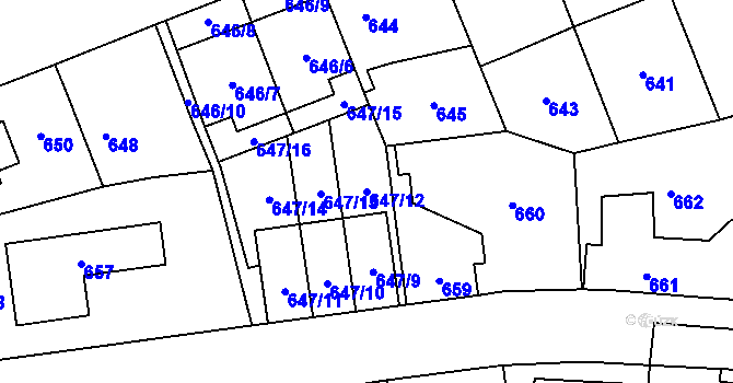 Parcela st. 647/12 v KÚ Řeporyje, Katastrální mapa