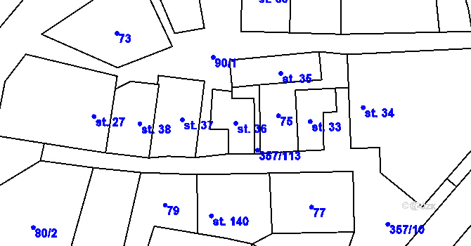 Parcela st. 36 v KÚ Řestoky, Katastrální mapa