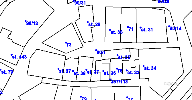 Parcela st. 90/1 v KÚ Řestoky, Katastrální mapa