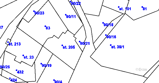 Parcela st. 90/21 v KÚ Řestoky, Katastrální mapa