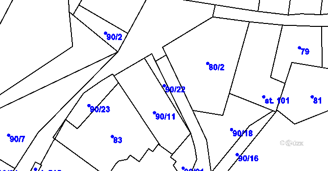 Parcela st. 90/22 v KÚ Řestoky, Katastrální mapa
