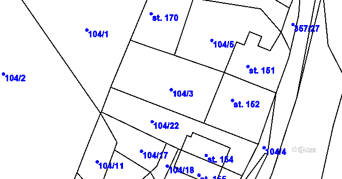 Parcela st. 104/3 v KÚ Řestoky, Katastrální mapa