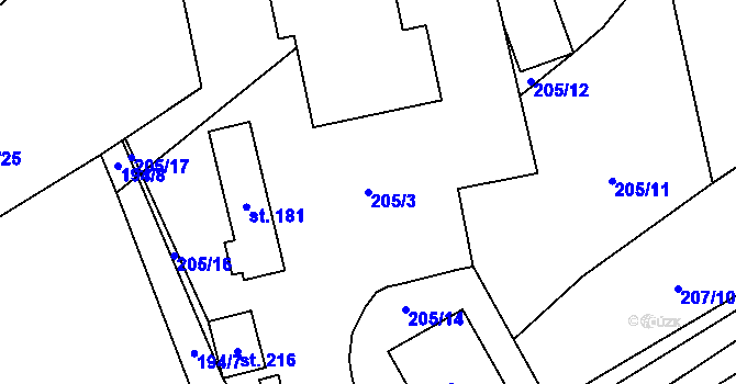 Parcela st. 205/3 v KÚ Řetechov, Katastrální mapa