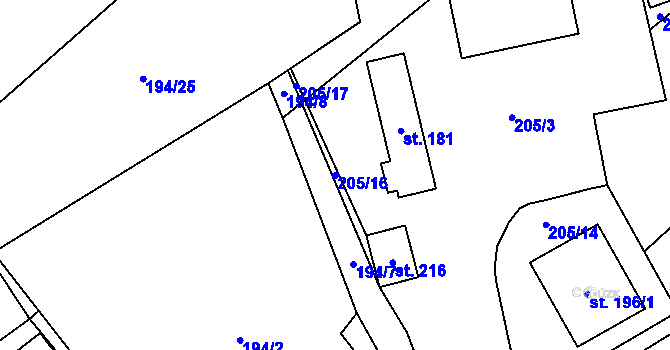 Parcela st. 205/16 v KÚ Řetechov, Katastrální mapa