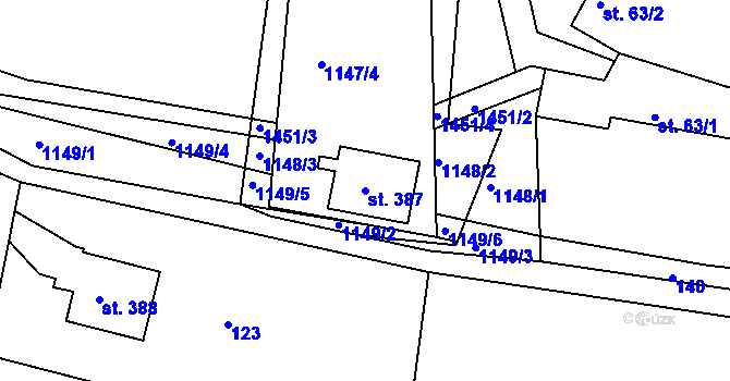 Parcela st. 387 v KÚ Řetová, Katastrální mapa