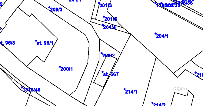 Parcela st. 200/2 v KÚ Řetová, Katastrální mapa